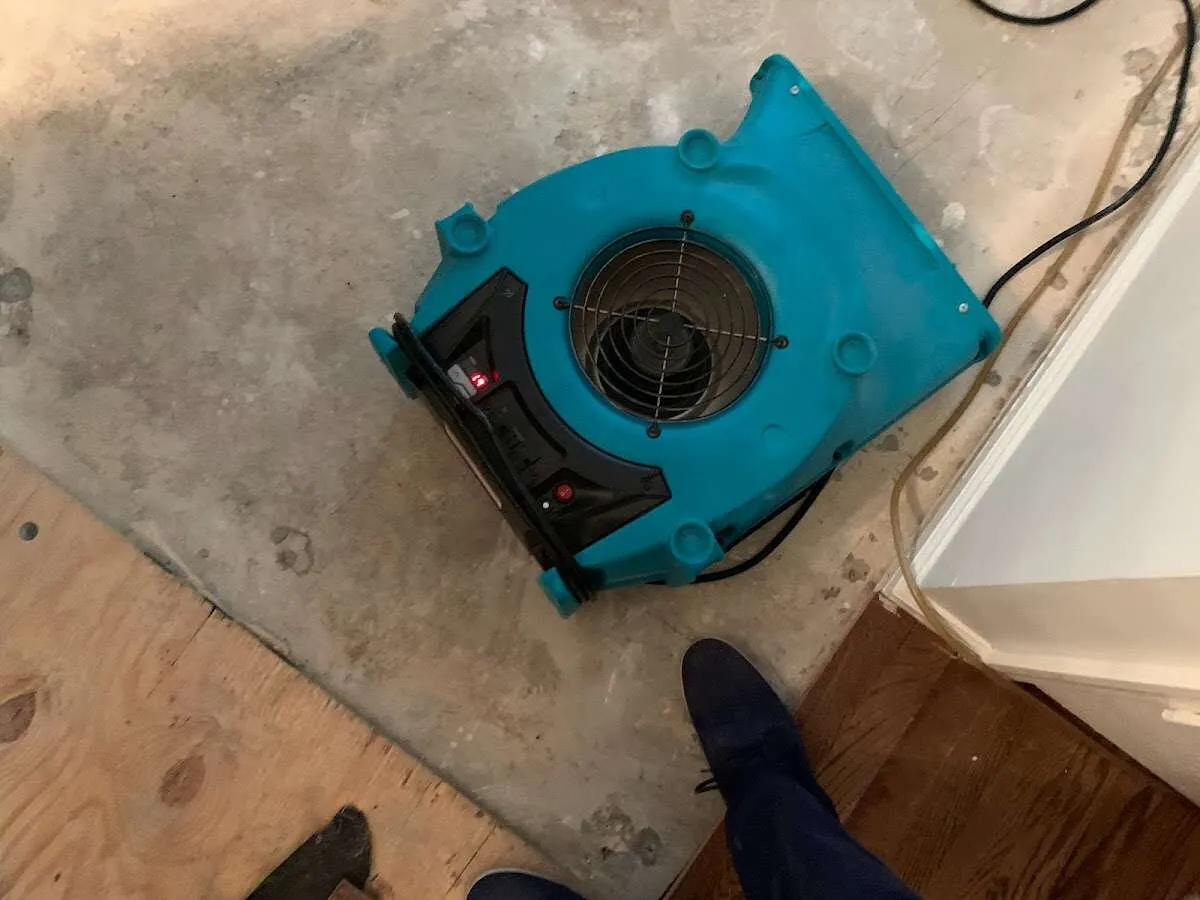 Air mover drying subfloor during Leak Detection & Repair in Lakeland Highlands
